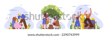 Flat aged people saving money. Older characters on retired grow money tree, collect cash and put coins in piggybank. Pension savings. Pensioners invest finance and enjoy financial incomes and profits.
