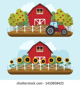 flat agricultural landscape. Apple farm and sunflower farm