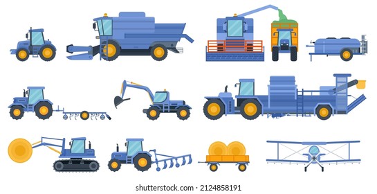 Flat agricultural machinery, farm combine, harvester and tractor. Crop duster, hay cutting machine and field cultivation vehicle vector set. Transport with special equipment for agronomy