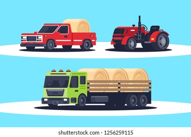 Flat agricultural machinery with stack of hay for harvesting, crop delivery and pickup truck for freight transportation. Concept heavy vehicle, public works. Vector illustration.