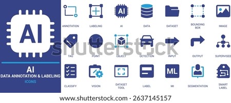 Flat AI data annotation and labeling icon set featuring machine learning, dataset, classification, object detection, bounding box, and segmentation tools.
