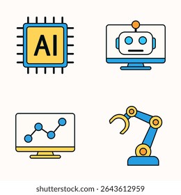Flat AI and Robotics Icon Set with Yellow and Blue Color Scheme Featuring Chip, Robot, Analytics Screen, and Robotic Arm