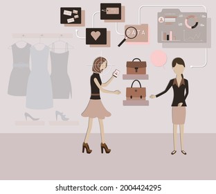 Plano de concepto de tecnología de IA, AI analiza el rostro de los clientes para distinguir sentimientos,Para ofrecer promociones que se adapten a las necesidades de los clientes y puedan cerrar la venta - ilustración vectorial