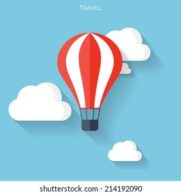 Flat air balloon with clouds web icon. 