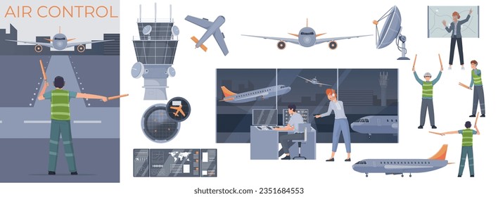 Composición de control de tráfico aéreo plano con aviones aislados controladores de aeronaves de torre aeroportuaria y marshallers en ilustración de vector de trabajo