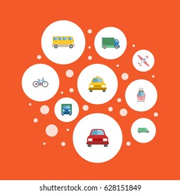 Flat Aircraft, Automobile, Cab And Other Vector Elements. Set Of Transport Flat Symbols Also Includes Aircraft, Airplane, Automobile Objects.