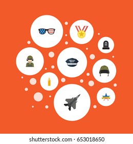 Flat Aircraft, Fire Wax, Memorial Day And Other Vector Elements. Set Of History Flat Symbols Also Includes Helmet, Medal, Medallion Objects.