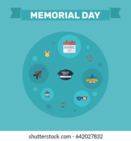 Flat Aircraft, Memorial Day, Holiday And Other Vector Elements. Set Of Memorial Flat Symbols Also Includes Memorial, Firework, Medal Objects.