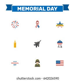 Flat Aircraft, Military Man, Memorial Day And Other Vector Elements. Set Of Day Flat Symbols Also Includes Brazier, Firework, Bbq Objects.
