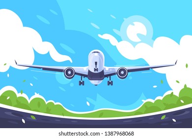 Flat aircraft takes off on blue sky background. Concept plane vehicle with passengers, summer season, relax trip. Vector illustration.