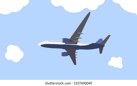 Flat airliner flying in the sky. Side view from the bottom. Vector Illustration. EPS10