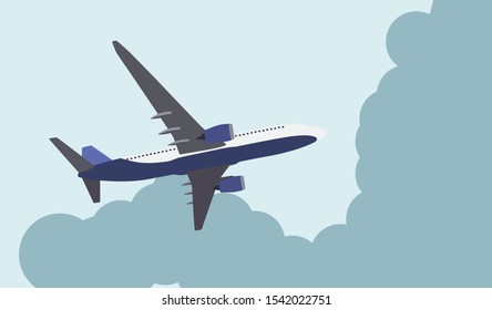 Flat airliner flying in the sky. Side view from the bottom. Vector Illustration. EPS10