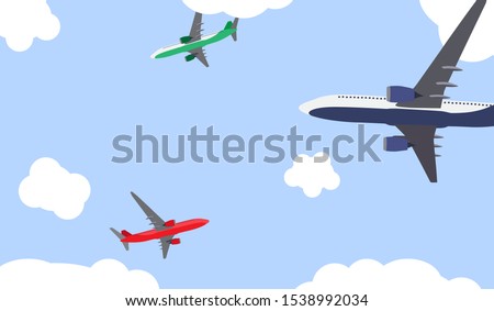 Flat airliner flying in the sky. Side view from the bottom. Vector Illustration. EPS10