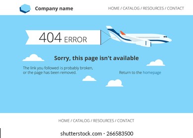 Flat airplane with 404 error notification on white banner