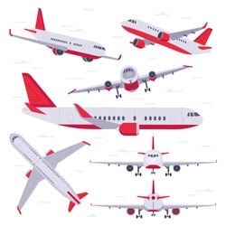 Flat Airplane. Aircraft Flight Travel, Aviation Wings And Landing Airplanes, Plane Front Flights In Air. Flying Planes Cargo Service Isolated Vector Illustration Icons Set