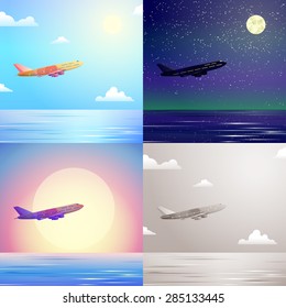 Flat airplane aircraft flying in sky above sea stylish modern travel scene set. Stylish web banner nature outdoor collection. Daylight night moonlight sunset view retro vintage plane picture sepia.
