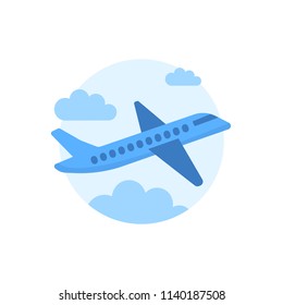 Flat airplane with clouds illustration, view of a flying aircraft
