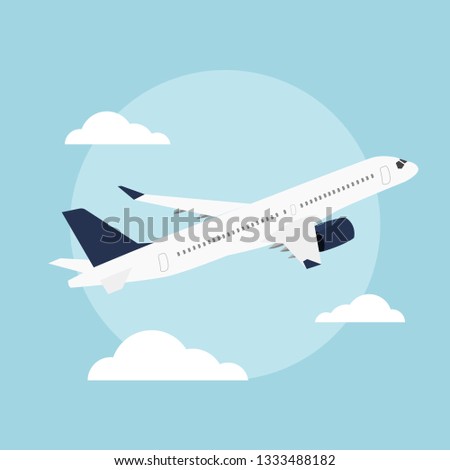 Flat Airplane flying in the blue sky background.