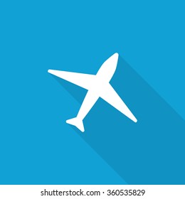 Flat Airplane icon with long shadow on blue backround