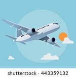 Flat airplane illustration, view of a flying aircraft