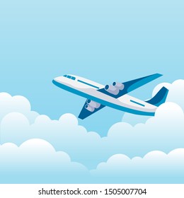 Flat airplane illustration, view of a flying aircraft.