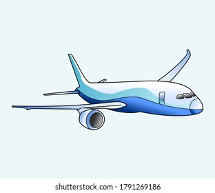 Flat airplane illustration, view of a flying aircraft