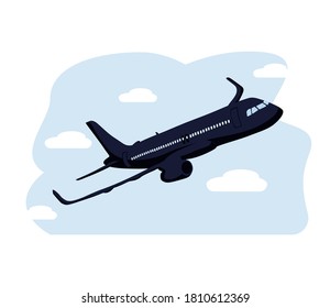Flaches Flugzeugbild, Ansicht eines fliegenden Luftfahrzeugs. Flugzeug, das auf blauem Hintergrund fliegt. Flugzeug im Himmel Konzept.