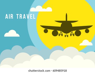 Flat airplane illustration, view of a flying aircraft