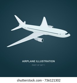 Flat airplane illustration, view of a flying aircraft.