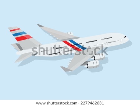 Flat airplane illustration, view of a flying aircraft