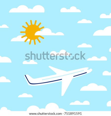 Flat airplane illustration. View of a flying aircraft in sky. Passenger plane on a background of clouds and a bright sky