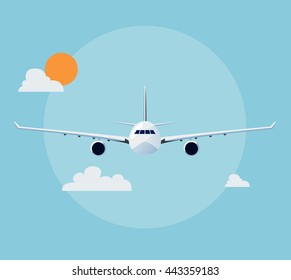 Flat airplane illustration, view of a plane front side