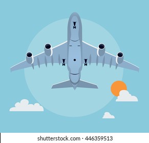 Flat Airplane Illustration, View Of A Plane Taking Off From Below