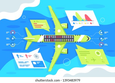Flat airplane infographics with passenger and plane statistical. Concept air vehicle for delivery service, aircraft graph. Vector illustration.