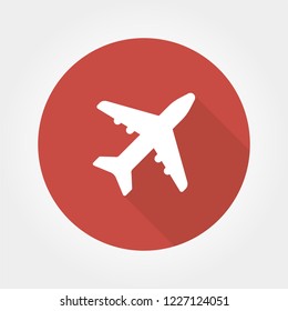 Flat Airplane web icon on red button with drop shadow