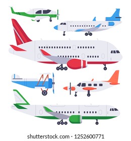 Flat airplanes. Aviation float airplane, private air plane and jet aircraft. Cargo freight airline services, vacation flight planes isolated vector illustration icons set