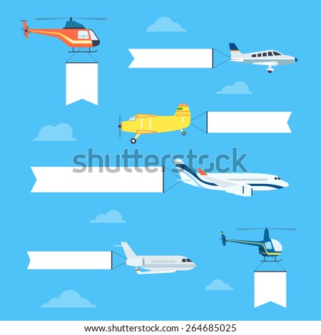 Flat airplanes and helicopters set with white ribbon for text banners. Plane is flying with flag