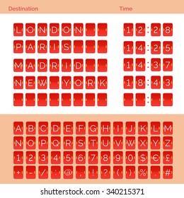Flat airport board isolated. Mechanical flip airport scoreboard. Red airport and railway timetable departure or arrival. Flat analog scoreboard font. Destination flat airport board abc