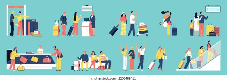 Flat airport set with people going through security taking luggage waiting checking in seeing off relatives isolated on color background vector illustration