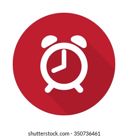 Flat Alarm Clock icon with long shadow on red circle