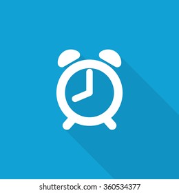 Flat Alarm Clock icon with long shadow on blue backround