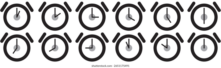 Flat Alarm Clock Icon Set with Different Times - Minimalist Time Concept Vector