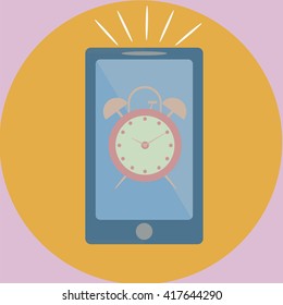 Flat alarm clock phone. Mobile wake up symbol.