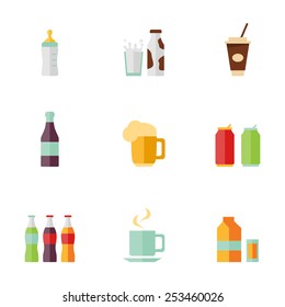  Flat Alcohol Beer Juice Tea Wine Drink Icons and Symbols Set Vector Illustration