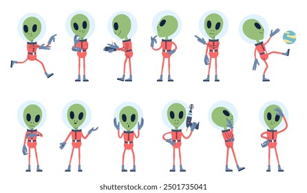 Alienígenas planos. Las criaturas de piel verde usan traje espacial. Alienígena de dibujos animados sentado y pensando, usando blaster corriendo y jugando a la pelota. Ufo personaje de Vector reciente