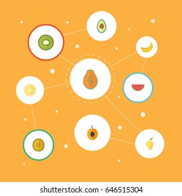 Flat Alligator Pear, Jungle Fruit, Muskmelon And Other Vector Elements. Set Of Veggies Flat Symbols Also Includes Mango, Muskmelon, Exotic Objects.
