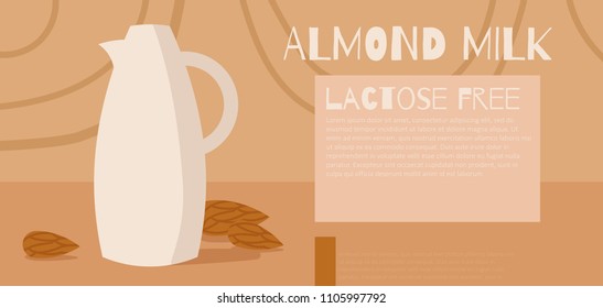 Flat Almond milk horizontal banner.Vector illustration