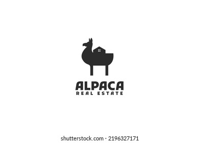 Flat alpaca with house logo design vector illustration idea