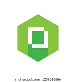Flat Alphabet O Icon Design, Combined with Green Hexagon, Long Shadow Style