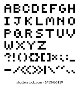 Flat alphabet and punctuation marks in pixel art style on a white background. period, comma, exclamation, question,  colon, semicolon, quotation, dash, hyphen, parentheses, brackets, slash